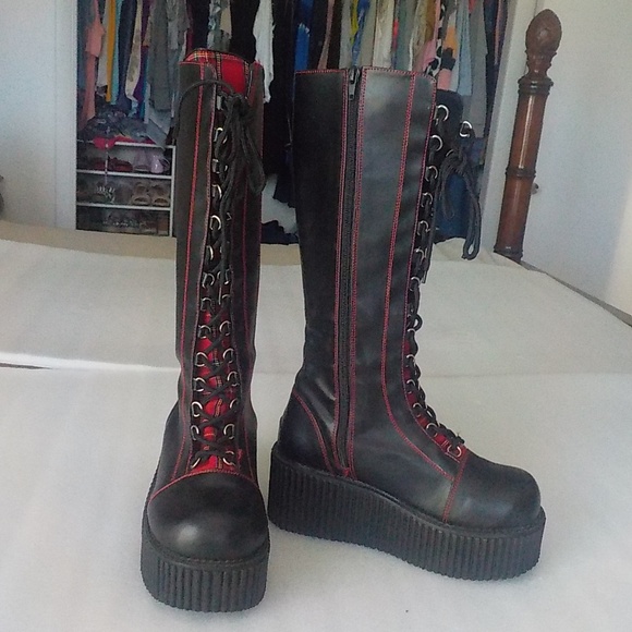 Demonia Shoes - Demonia Black/Red Plaid 17" Tall Boots NWOT